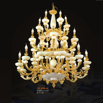 VE - CĐ - 3280/42: Đèn chùm đồng chao đá 42 tay - KT: Ø1080mm x H1200mm - Bóng đèn E14 x 42 bóng