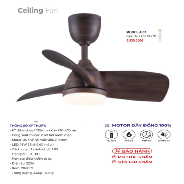 MODEL - Q33: Quạt trần đèn 3 cánh nhựa ABS