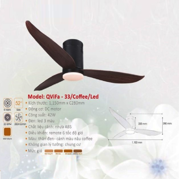 QViFa  - 33/Coffee/LED: Quạt trần Đèn LED 3 cánh Nhựa gắn sát trần màu Coffee