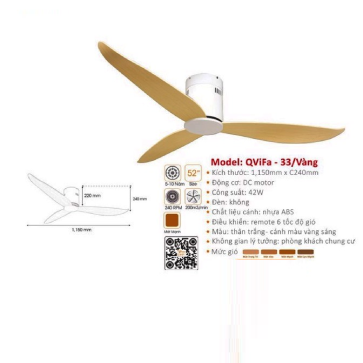 QViFa - 33/Vàng: Quạt trần 3 cánh Nhựa gắn sát trần