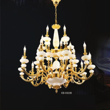 E - CD - 332/25: Đèn chùm đồng, chao đá  25 tay - KT: Ø1010mm x H860mm + 500mm -  Bóng đèn nến E14 x 25 bóng + Đèn LED
