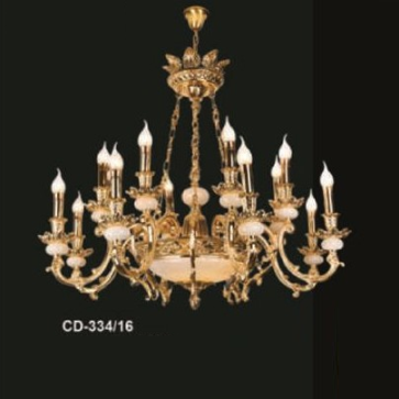 E - CD - 334/16: Đèn chùm đồng 16 tay, chao đá - KT: Ø880mm x H780mm + 500mm -  Bóng đèn nến E14 x 16 bóng + Đèn LED
