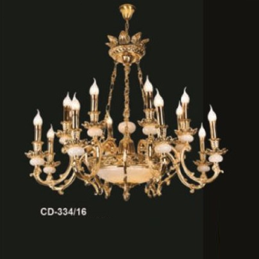 E - CD - 334/16: Đèn chùm đồng 16 tay, chao đá - KT: Ø880mm x H780mm + 500mm -  Bóng đèn nến E14 x 16 bóng + Đèn LED