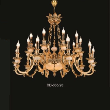 E - CD - 335/20: Đèn chùm đồng 20 tay, chao đá - KT: Ø1030mm x H800mm + 500mm -  Bóng đèn nến E14 x 20 bóng + Đèn LED