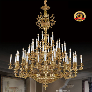 CODE : 33766/L60: Đèn chùm đồng bóng nến - KT: Ø1900mm  x H 2400mm - Bóng đèn nến chân E14 x 60 bóng