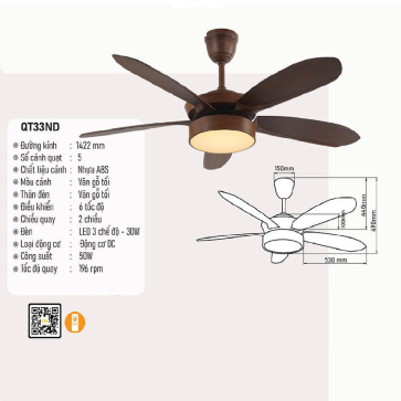 QT33ND: Quạt trần đèn LED 5 cánh nhựa