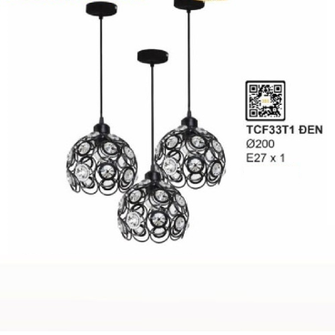 TCF33T1 Đen: Đèn thả đơn chao đính hạt thủy tinh - KT: Ø200mm - Đèn E27 x 1 bóng