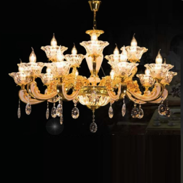 CNQT - 340: Đèn chùm nến 15 tay, chao thủy tinh - KT: Ø900mm x H900mm - Bóng đèn nến E14 x 15 bóng