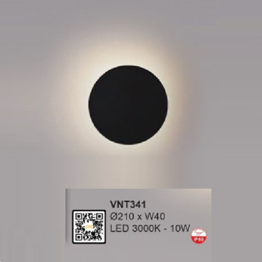 VNT341: Đèn LED gắn tường ngoài trời - KT: Ø210mm x W40mm - Đèn LED 10W ánh sáng vàng 3000K