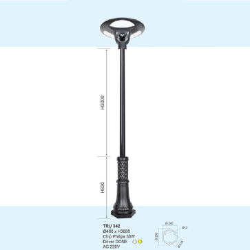 TRỤ - 342: Đèn trụ sân vườn chất liệu hợp kim - Đèn LED - Ánh sáng trắng/vàng