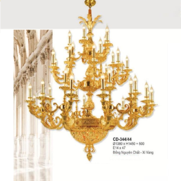 E - CD - 344/44: Đèn chùm đồng 44 tay - KT: Ø1380mm x H1450mm + 500mm -  Bóng đèn nến E14 x 47 bóng