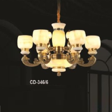 E - CD - 346/6: Đèn chùm đồng 6 tay, chao đá - KT: Ø700mm x H400mm + 500mm -  Bóng đèn nến E27 x 6 bóng + Đèn LED