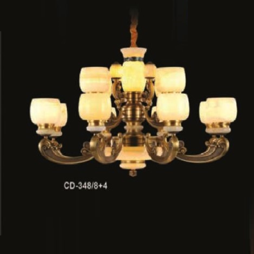 E - CD - 348/8 + 4: Đèn chùm đồng 12 tay, chao đá - KT: Ø950mm x H550mm +500mm -  Bóng đèn nến E27 x 12 bóng + Đèn LED