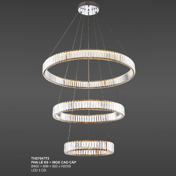 35 - THD7047T3: Đèn thả 3 vòng LED Phale K9 - KT: Ø(400+600+800)mm x H2000mm - Đèn LED đổi 3 màu