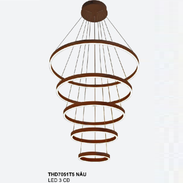 355 - THD7051T5 Nâu: Đèn thả 5 vòng LED Phale - KT:  Ø(200+400+600+800+100)mm x H3000mm - Đèn LED đổi 3 màu