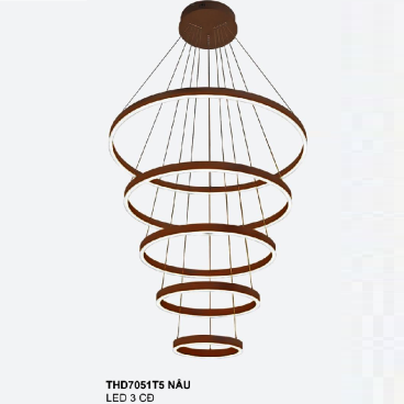 355 - THD7051T5 Nâu: Đèn thả 5 vòng LED Phale - KT:  Ø(200+400+600+800+100)mm x H3000mm - Đèn LED đổi 3 màu
