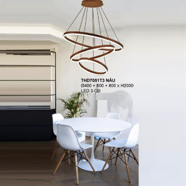 35 - THD7051T3 Nâu: Đèn thả 3 vòng LED - KT:  Ø(400+600+800)mm - Đèn LED đổi 3 màu