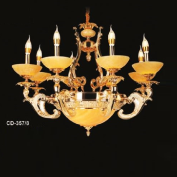 E - CD - 357/8: Đèn chùm đồng 8 tay, chao đá - KT: Ø840mm x H550mm +500mm -  Bóng đèn nến E14 x 8+ E27x 3 bóng bóng