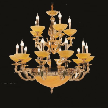 E - CD - 358/10+5: Đèn chùm đồng 15 tay, chao đá - KT: Ø940mm x H850mm +500mm -  Bóng đèn nến E14 x 15 + E27 x 3 bóng bóng