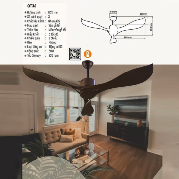 QT36: Quạt trần 3 cánh nhựa ABS
