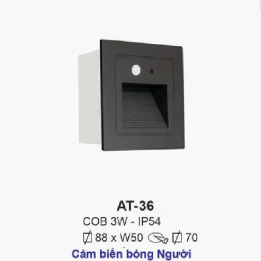 AT - 36: Đèn LED âm tường/âm bậc cầu thang, Cảm biến bóng người - IP 54 - KT: V88mm x W50mm - Lổ khoét: V70mm - Bóng đèn LED COB 3W