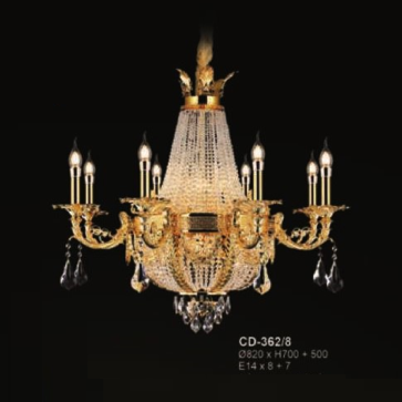E - CD - 362/8:  Đèn chùm đồng nguyên chất mạ vàng 24K, phale K9 - KT: Ø820mm x H700mm + 500mm - Bóng đèn E14 x 15 bóng