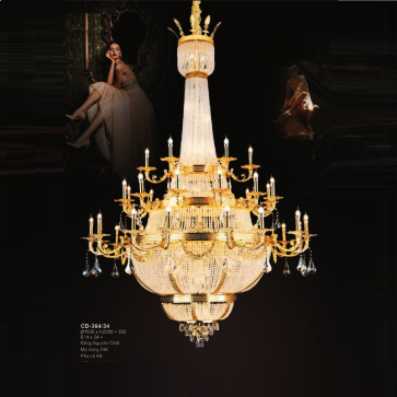 E - CD - 364/34: Đèn chùm đồng nguyên chất mạ vàng 24K phale K9 - KT: Ø1530mm x H2300mm + 500mm - Bong đèn E14 x 34 bóng