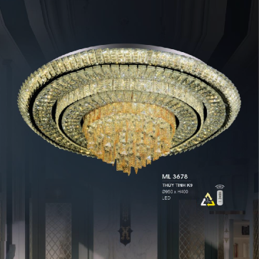 HF - ML 3678: Đèn áp trần LED thủy tinh K9 - KT: Ø950mm x H400mm - Đèn LED đổi 3 màu - Remote