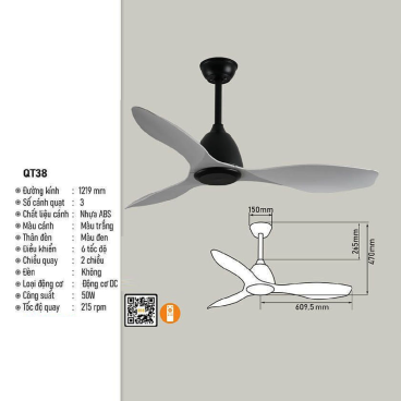 QT38: Quạt trần 3 cánh nhựa ABS