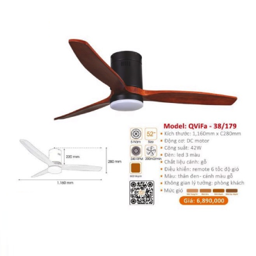 QViFa  - 38/179: Quạt trần đèn LED 3 cánh gỗ gắn sát trần