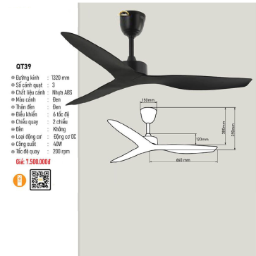 QT39: Quạt trần 3 cánh nhựa ABS