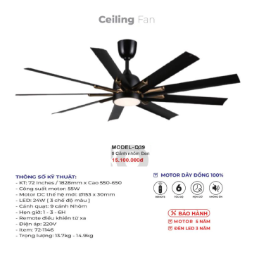 MODEL - Q.39: Quạt trần đèn 9 cánh nhôm