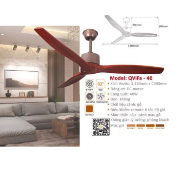 QViFa - 40: Quạt trần 3 cánh gỗ tự nhiên