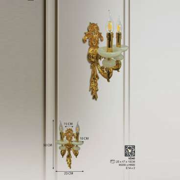 VD40: Đèn gắn tường đồng đôi chén đá - KT: W230mm x H500mm - Bóng đèn chân E14 x 2