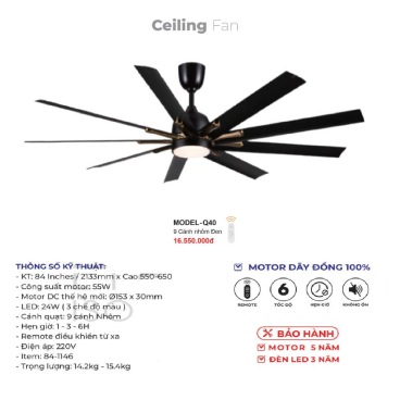 MODEL - Q.40: Quạt trần đèn 9 cánh nhôm