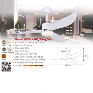QViFa - 400/Trắng/LED: Quạt trần 3 cánh Nhựa