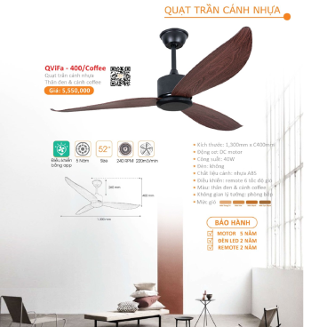 QViFa - 400/Coffee: Quạt trần 3 cánh nhựa