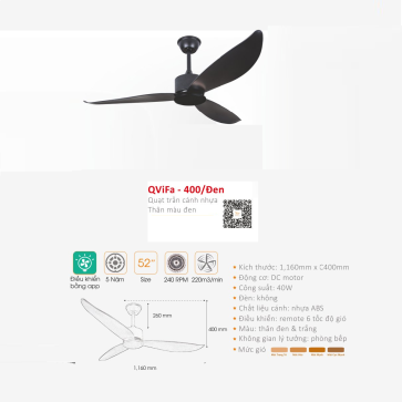 QVifa - 400/Đen: Quạt trần  3 cánh kim nhựa ABS