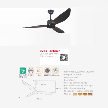 QVifa - 400/Đen: Quạt trần  3 cánh kim nhựa ABS