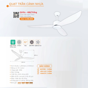 QViFa - 400/Trắng: Quạt trần 3 cánh nhựa