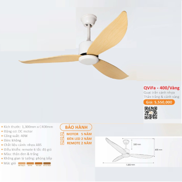 QViFa - 400/Vàng: Quạt trần 3 cánh nhựa
