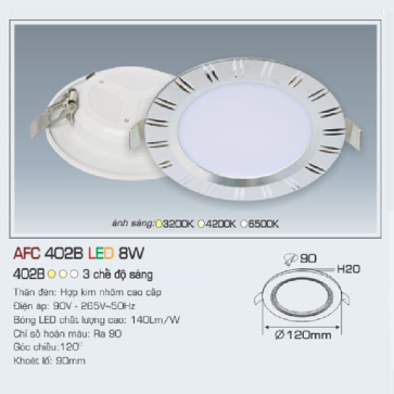 AFC 402B LED 8W: Đèn LED âm trần siêu mỏng viền bạc 8W,  1 chế độ ánh sáng (vàng/trung tính/trắng)