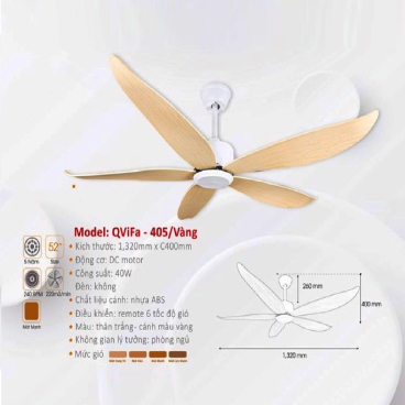 QViFa -405/Vàng: Quạt trần 5 cánh nhựa màu vàng