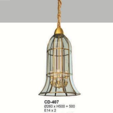 E - CD - 407: Đèn thả đồng - KT: Ø260mm x H500mm +500mm - Bóng đèn E14  x 2 bóng