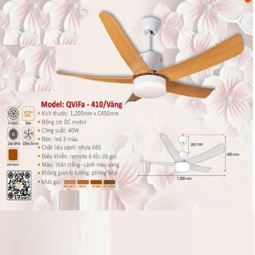 QViFa - 410/Vàng: Quạt trần đèn LED 5 cánh nhựa màu vàng