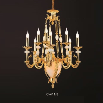 E - C - 411/8: Đèn chùm nến 8 tay chao đáy thủy tinh - KT: Ø730mm x H900mm + 500mm - Bóng đèn nến E14 x 8 bóng