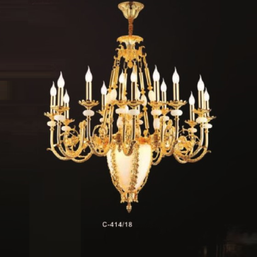 E - C - 414/18: Đèn chùm nến 18 tay chao đáy thủy tinh - KT: Ø1020mm x H1000mm + 500mm - Bóng đèn nến E14 x 18 bóng