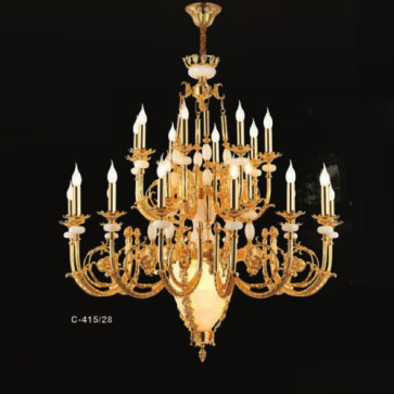 E - C - 415/28: Đèn chùm nến 28 tay chao đáy thủy tinh - KT: Ø1120mm x H1200mm + 500mm - Bóng đèn nến E14 x 28 bóng
