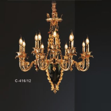 E - C - 416/12: Đèn chùm nến 12 tay chao đáy thủy tinh màu - KT: Ø800mm x H800mm + 500mm - Bóng đèn nến E14 x 12 bóng