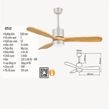 QT42: Quạt trần đèn LED 3 cánh gỗ